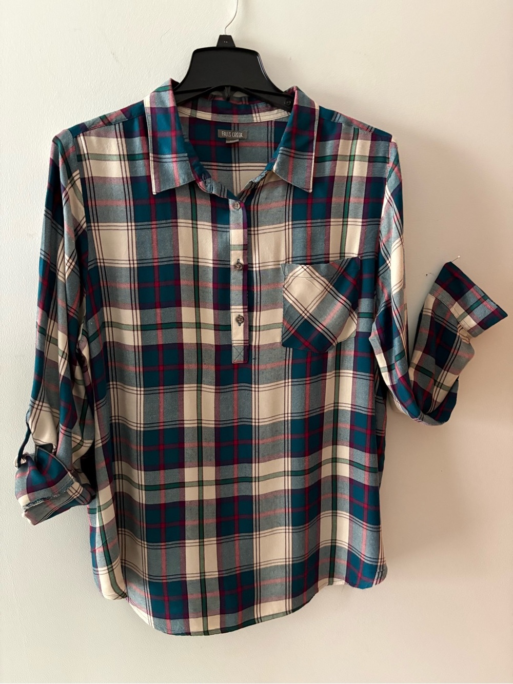 Ladies Plus Size Plaid Pull-Over Henley Long Sleeve Shirt in Teal and Cream 2X
